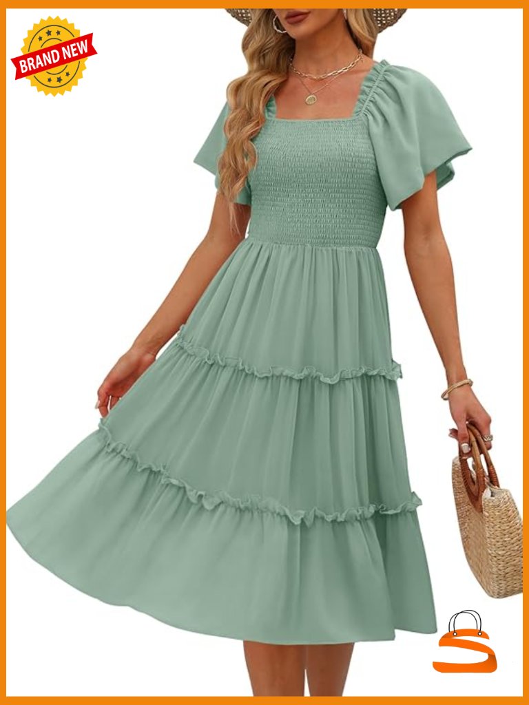 Square Neck Flutter Sleeve Smocked Midi Dress Casual Summer